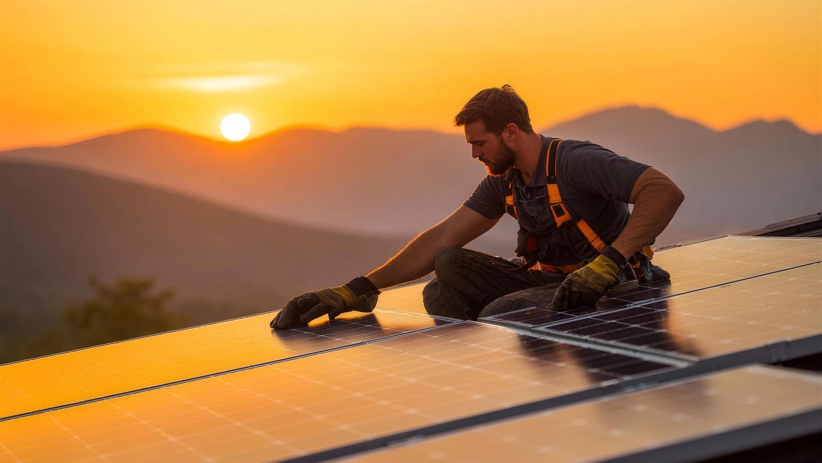 Monteur verlegt Photovoltaikmodule auf einem Dach bei Sonnenuntergang