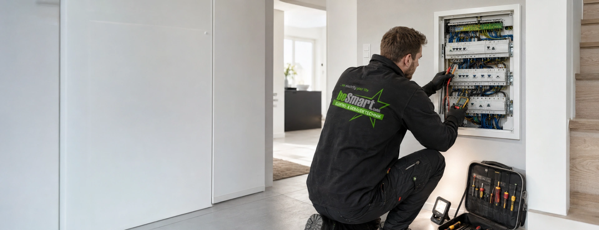 Elektro-Fachkraft von beSmart prüft einen Sicherungskasten