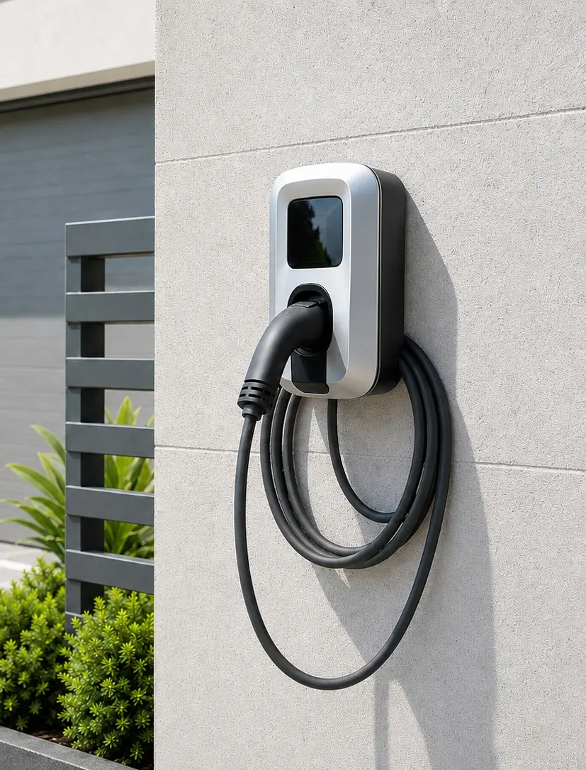 Wallbox zum Laden eines Elektroautos an einer Hauswand