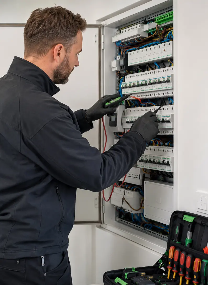 Elektriker bei der Störungssuche an einer Elektroanlage