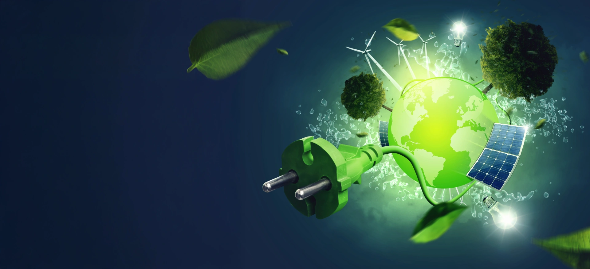 Weltkugel aus Blattwerk mit Windrädern, Solarmodul und Ladestecker – Sinnbild für erneuerbare Energie